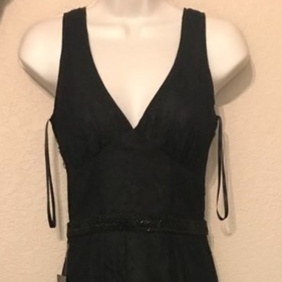 Bebe Long Black Feather Lace Chiffon Gown Dress 2 - Picture 6 of 6